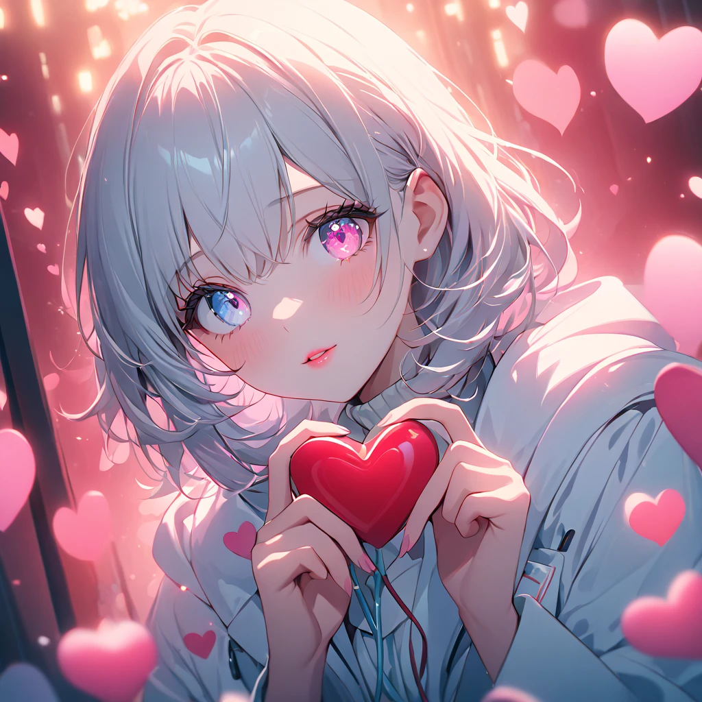 One girl, [doctor, Wearing a white coat, Beautifully detailed face, Beautifully detailed eyes, Beautiful lip detail, Long eyelashes, holding a red heart, Surrounded by pink hearts, romantic, Soft pastel colors, Warm lighting, Cinematic, (Best Quality,4K,8k,High resolution,masterpiece:1.2),Very detailed,