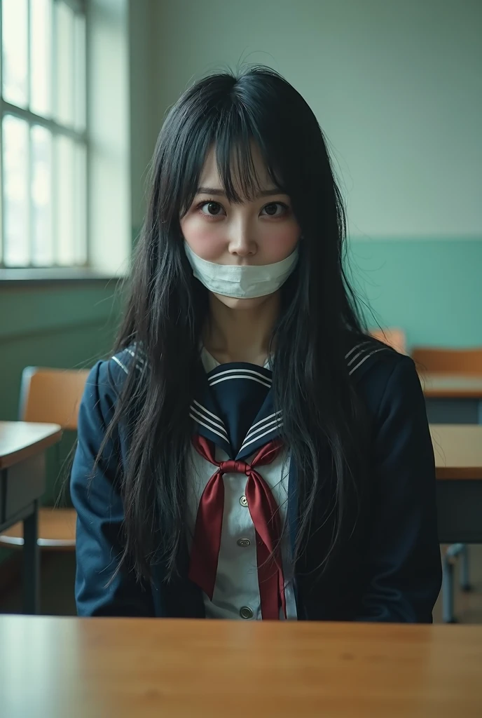 a korean woman tied to a chair with ropes, (hands tied in the back), tape gagged, necktie, dark blazer and white shirt, (crying), teary eyes, classroom