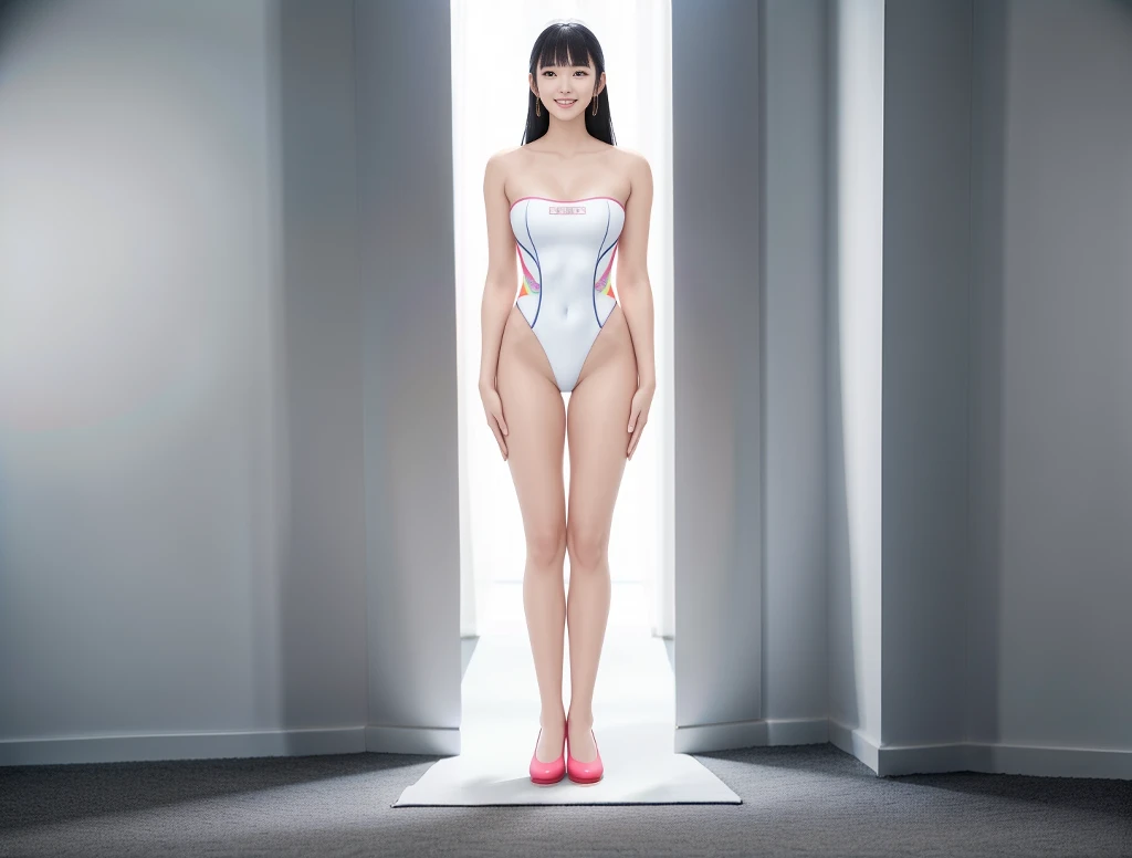 Inside the stadium，A tall and beautiful Chinese girl，with fair skin，Coiled hair，Wear a red one-piece swimsuit and high heels，Stand upright，Ambient lighting。