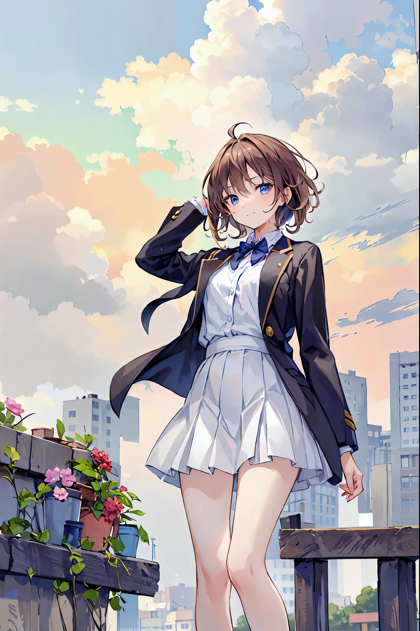 Anime girl in a short skirt and jacket standing on a ledge - SeaArt AI