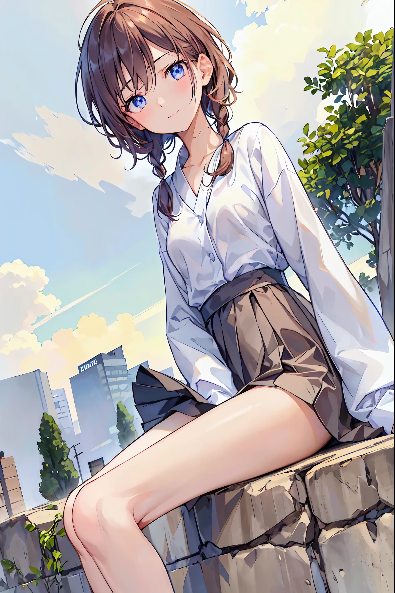(Best Quality,masterpiece:1.3,Ultra-high resolution),(Very detailed,Caustics,8k),(Realistic:1.4,RAW shooting),1,Japanese,cute,I am smiling and looking at the camera,Blazer uniform for girls,Waist up shot,(Face Focus:1.2),(Face close-up:1.2),(Low position:1.3),(Low Angle:1.4),Slender beauty,Cityscape,Night view,Brown Hair,Shortcuts,Messy Hair,Short braided hair,Neat,Slender beauty,A dignified posture,Small chest,Beautiful feet,Her captivating grey-blue eyes shine like stars,Vibrant colors,Beautiful Eyes,A delicate smile,Textured Skin,The best quality at its best,A kind and beautiful woman,My hair is messy,Slender beauty,Dignified posture,Small breasts,Beautiful legs