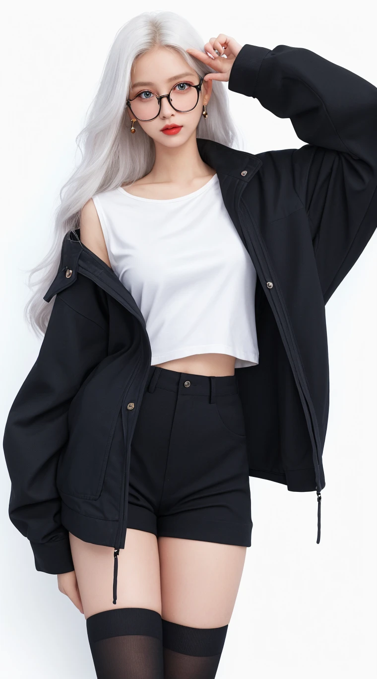 Realistic, masterpiece, Highest quality, Highest Resolution, Anatomically correct, Accurate Anatomy, (Gray blank background:1.3), (1girl:1.3), 20-year-old, Height: 165cm, Shot from thigh up, (Thick thighs:1.2), (Long Hair, Straight Hair, Silver Hair:1.3), (Squint your eyes, Sharp Eyes, (Iris:1.2)), (Hidden eyelid wrinkles:1.2), Thin eyebrows, Draw eyelashes carefully, Natural Makeup, Chin up, Grin, Slightly to the side, (Short jersey jacket and hot pants:1.3), (Pose a random model:1.2)