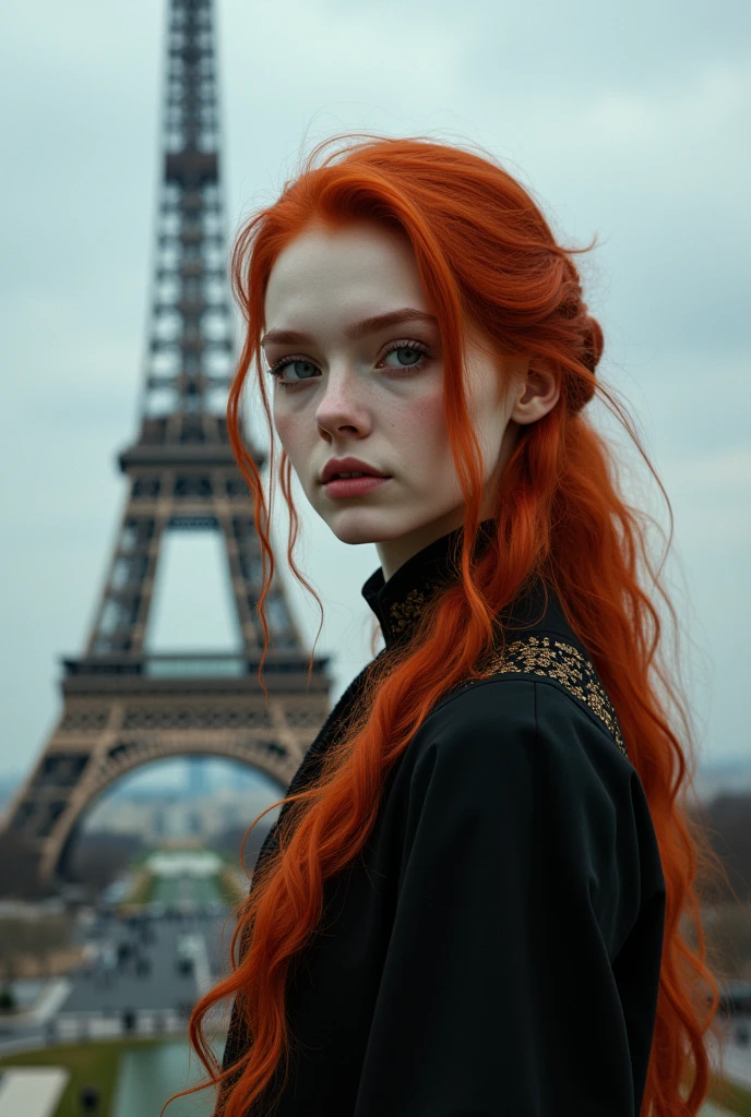 naked red-haired girl in the center of Paris against the background of the Eiffel Tower, head turned in half a turn, the most similar face