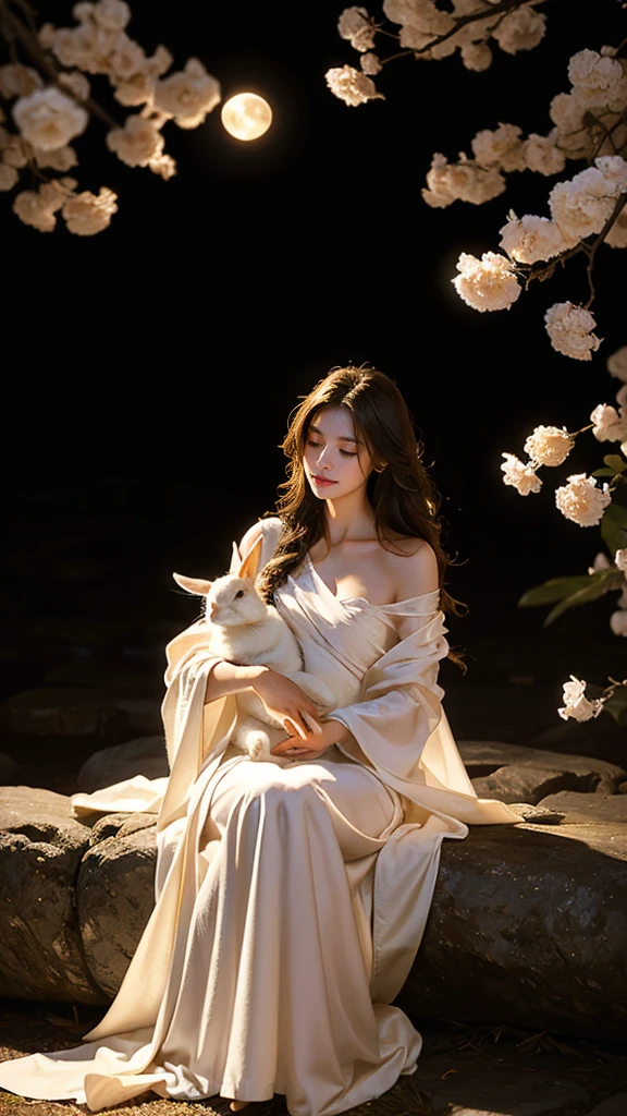 This image depicts a serene and ethereal scene of a graceful woman, dressed in a flowing, elegant traditional robe, cradling a small white rabbit. The setting appears to be a magical forest, with delicate branches adorned with soft, peach-colored blossoms surrounding her. Behind her, a full moon shines brightly, casting a warm, golden glow across the entire scene, highlighting her gentle expression and the peaceful atmosphere. The rabbit, nestled in her arms, adds to the tranquility of the moment. The warm, golden hues dominate the image, evoking a sense of calm and connection to nature. This scene likely symbolizes the folklore of "Sister Hằng" and the "Jade Rabbit" on the moon. 