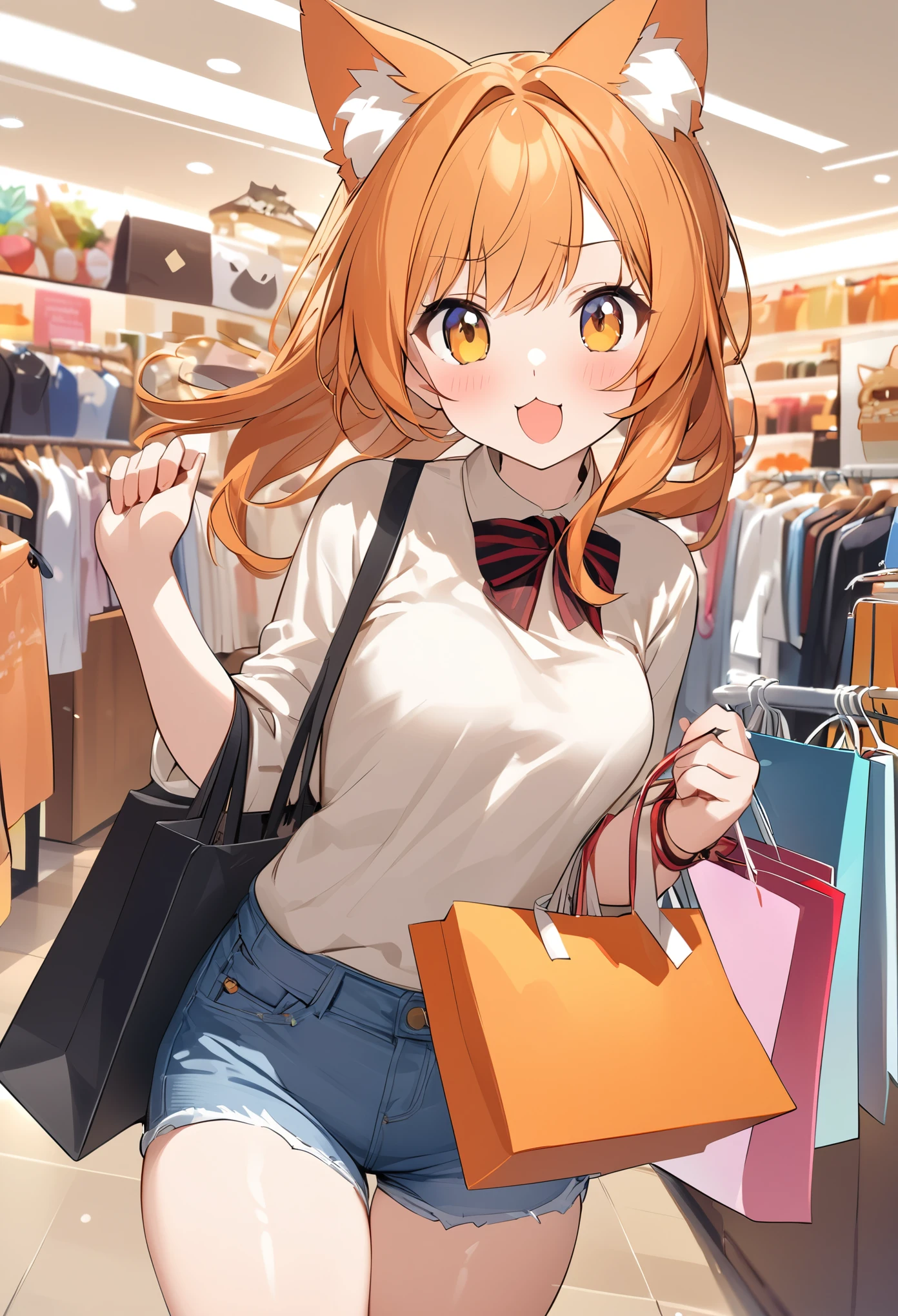 Young girl、Very cute、small、Firm breasts、Denim hot pants、Orange Hair、High quality backgrounds、、shopping、Cheerful attitude、Cat ears、Cat&#39;s tail