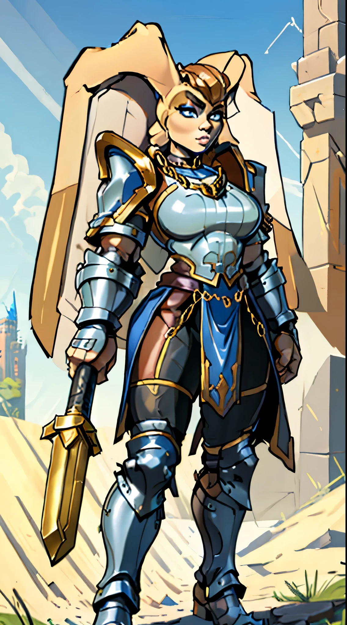 16k, HD, Professional, Highly Detailed, ((Masterpiece: 0.3)), (((High Quality))), Ultra-detailed face, Highly Detailed Lips, Detailed Eyes, full body, Harengon, ((holding a tower shield) in one hand), ((holding a battle hammer)), long rabbit ears, ((Blue and gold) chain armor), older