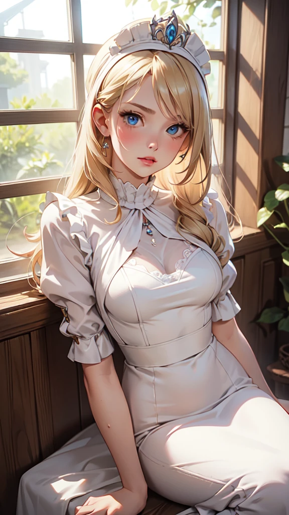 One woman(High resolution, masterpiece, accurate, Anatomically correct、Portrait Style), A beautiful young woman with a soft, alluring expression, sitting gracefully on a wooden surface. She has long, flowing white hair adorned with floral accessories. Her outfit is a delicate, lacy bralette paired with a short, pleated skirt in light pink. She has a relaxed, seated pose, one hand resting on the surface, the other lightly holding her skirt. Her legs are elegantly crossed, emphasizing her soft curves. A gentle light source in the background adds a warm glow to the scene, creating a serene and enchanting atmosphere、Highest quality, Ultra high definition, High-resolution model