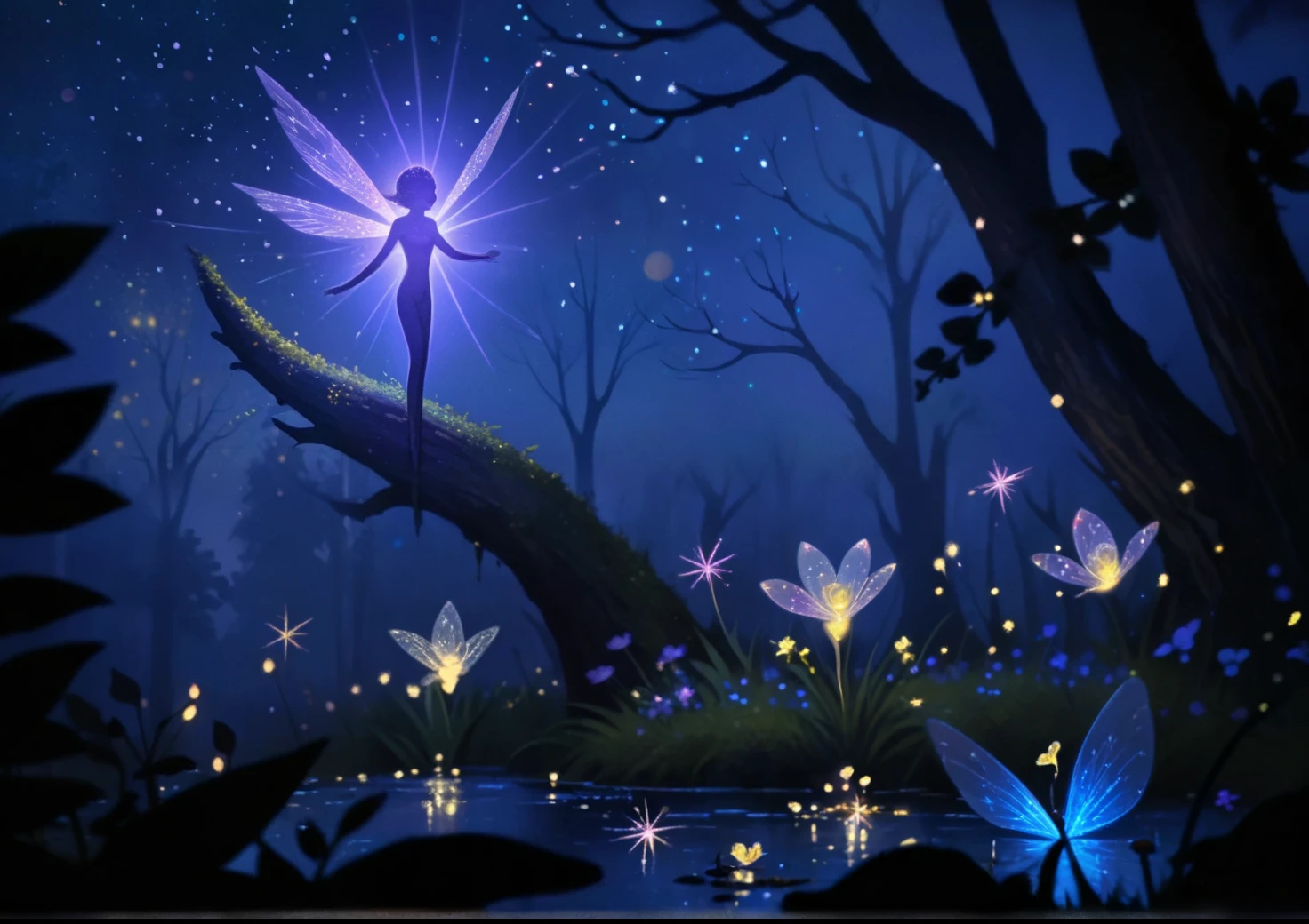 (masterpiece:1.2), (best quality:1.2), very aesthetic, newest, scenery,beksinski,nature, dark forest with small creek and tiny wildflowers, bokeh, volumetric light, iridescent light, glowing flowers, iridescence, shimmering, light particles, light rays, wind, dsmile, sparkling pond, glowing crystals,fairy,cool blue and violet iridescence
