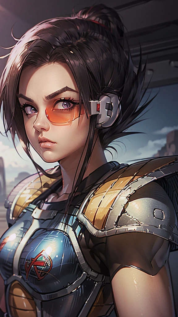 a woman with android 18 hairstyle, serious expression, thick eyeliner and thick eyebrows, long eyelashes, full lips, raising right eyebrow, saiyan armor, , detailed face, dragonball z art, akira toriyama art style , high quality, saiyan Scouter, tinted eyewear 