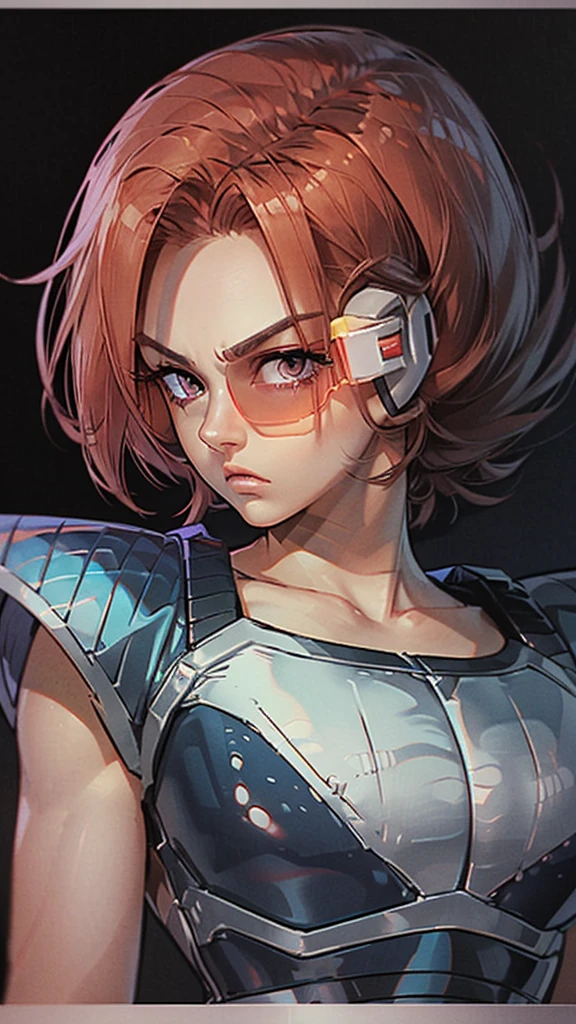 a woman with android 18 hairstyle, serious expression, thick eyeliner and thick eyebrows, long eyelashes, full lips, raising right eyebrow, saiyan armor, , detailed face, dragonball z art, akira toriyama art style , high quality, saiyan Scouter, tinted eyewear 