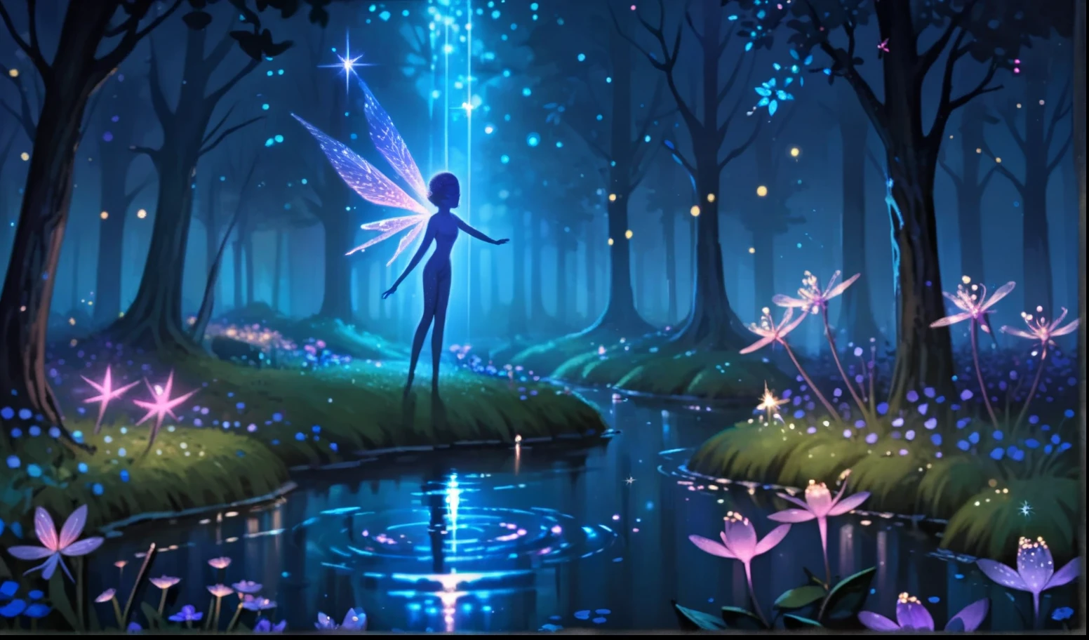 (masterpiece:1.2), (best quality:1.2), very aesthetic, newest, scenery,beksinski,nature, dark forest with small creek and tiny wildflowers, bokeh, volumetric light, iridescent light, glowing flowers, iridescence, shimmering, light particles, light rays, wind, dsmile, sparkling pond, glowing crystals,fairy,cool blue and violet iridescence 