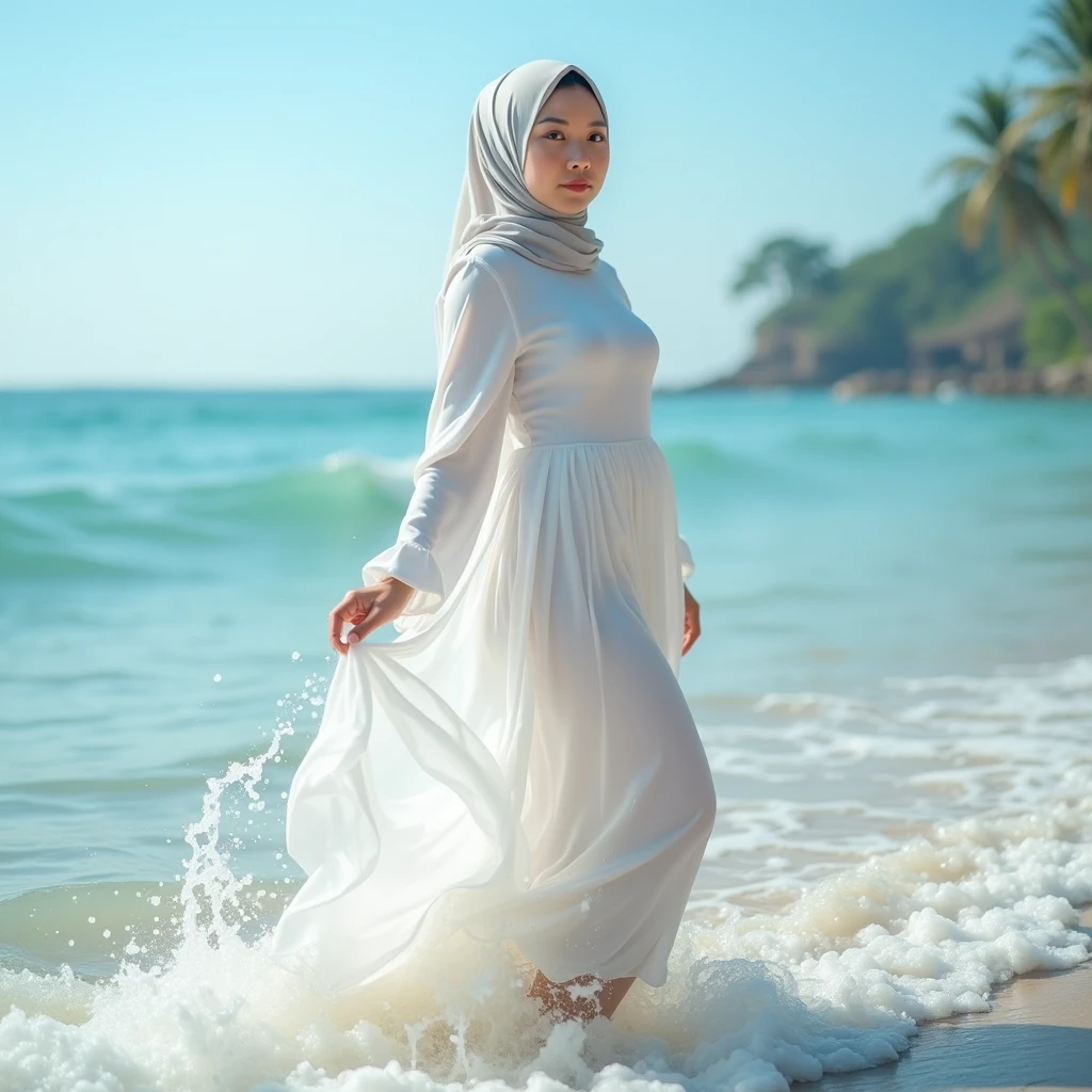 A beautiful woman Muslim, wearing full covered dress and hijab, lies down on a sea shore, half in water and half writen name "Pretty" on middle of ocean, front view, high top drone angle, full body picture. Her dress is made from the foam of the sea itself. The sea soft and detailed foam makes the lower part of her long dress, the foam and fabric merge perfectly, widely spread, becoming the beach itself as it goes close of the sea. The picture is intricate, photorealistic, and highly detailed.