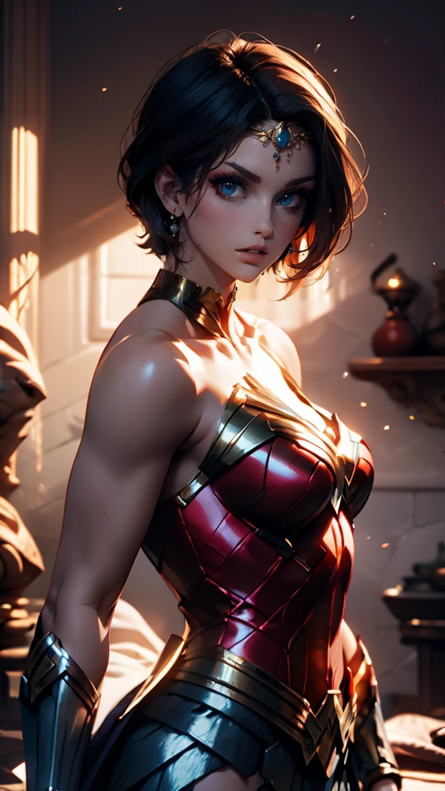 A scene from a movie defeated wonderwomen, getting analed blackeyes, half brown and black hair, layerd haircut, pretty gir, body of  girl,DC Wonder Woman full body, Distorted Space, Twisted undead in the background, Lens flare, Light Shaft, Intricate details, Detailed, Volumetric lighting, 4K Rendering, Stock Photo, Surreal, Realistic texture, Dramatic lighting, Unreal Engine