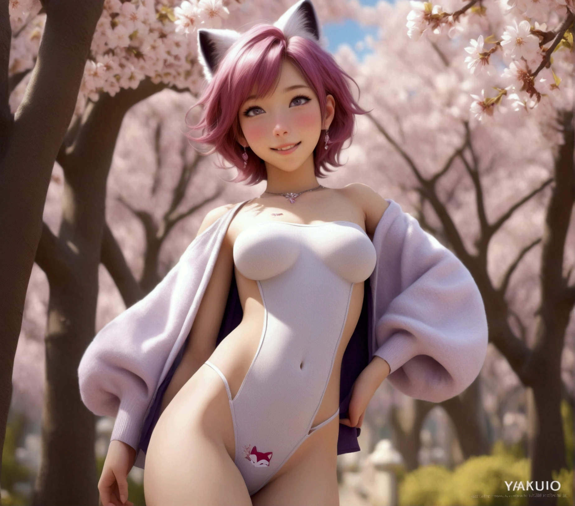 1girl, realistic, (looking at viewer:1), (ulzzang-6500:0.66), thighs, bare legs, dappled sunlight, best quality, ultra high res, (photorealistic:1.4), YaeMiko, fox ears, short hair, pink hair,  yae_sakura, jewelry, cherry blossoms, (smile:1), bare_shoulders, hair_ornament, purple_eyes,   , detailed eyes,, (light smile:1), , (small breasts:1.4), , (bare upper body:1.4), , (puffy nipples:1),, arms behind back, naked