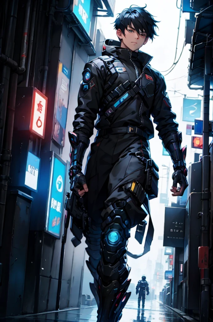 solo、front、whole body、Anime boy protagonist in futuristic mechanical looking combat suit、Cyberpunk Anime Boy、