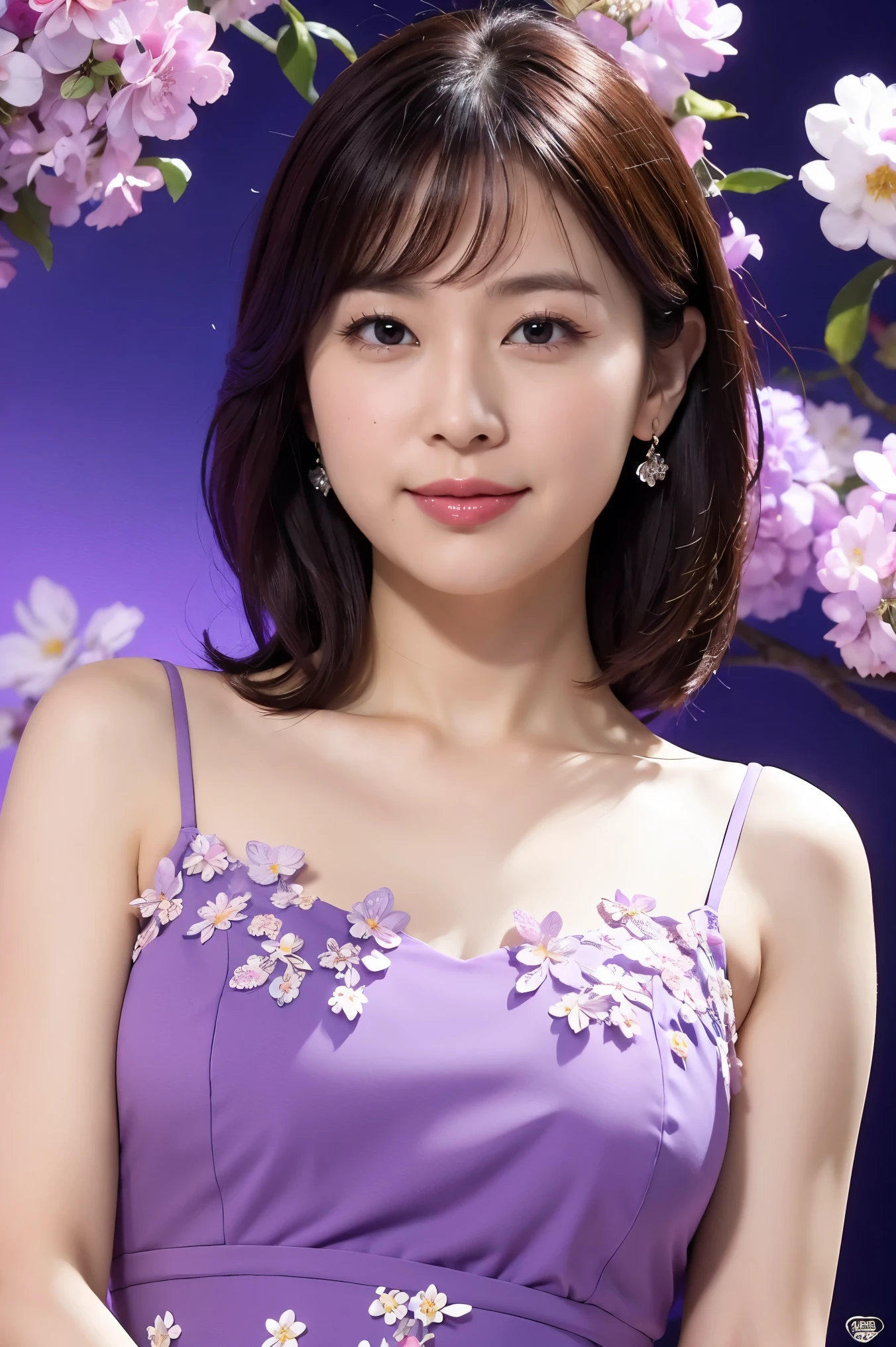 Medium Size Display, Mid Shot, Written boundary depth, bust, Upper Body, Movie angle, masterpiece, Best Quality, Very detailed, CG, 8K wallpaper, Beautiful Face, Delicate eyes, Alone, smile, cute、Purple Dress、Floral Background、