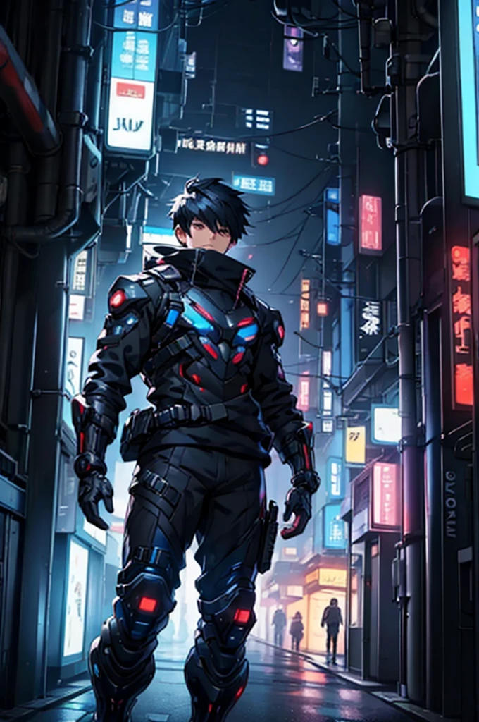 solo、front、whole body、Anime boy protagonist in futuristic mechanical looking combat suit、Cyberpunk Anime Boy、