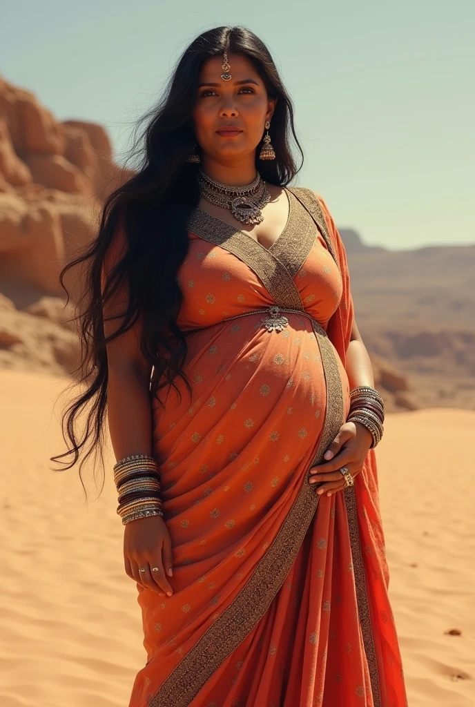 Eastern Greek goddess, Voluminous breasts with a greenish tunic with gold threads., very wide gold bracelet, modern gold tiara on head, a pregnant woman with dark skin and long, wavy brown hair, reminiscent of the figure of the goddess DEMETER, holding a sheaf of wheat, In the background, a wheat field at sunset, convey depth, The goddess is fully connected to her womb and her baby