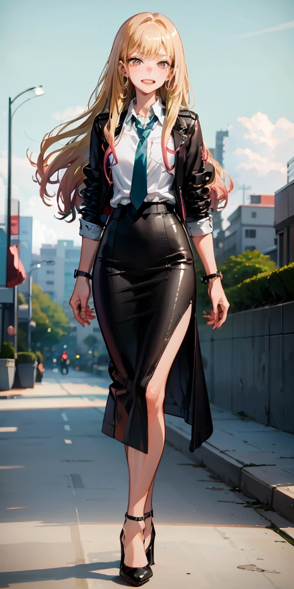 Marin Kitagawa,(best quality:1.6, highres), (beautiful detailed eyes:1.2), elevated, high-quality, beautiful face, 1 girl, leather pencil skirt, oversized leather jacket, blackbird, long hair, wide hips, landscape beautification, street, background, detailed background, sinister smile, angled laughter, long coat, blouse, tie, office woman, mature,((high heels)),A look of contempt,disgusting expression,