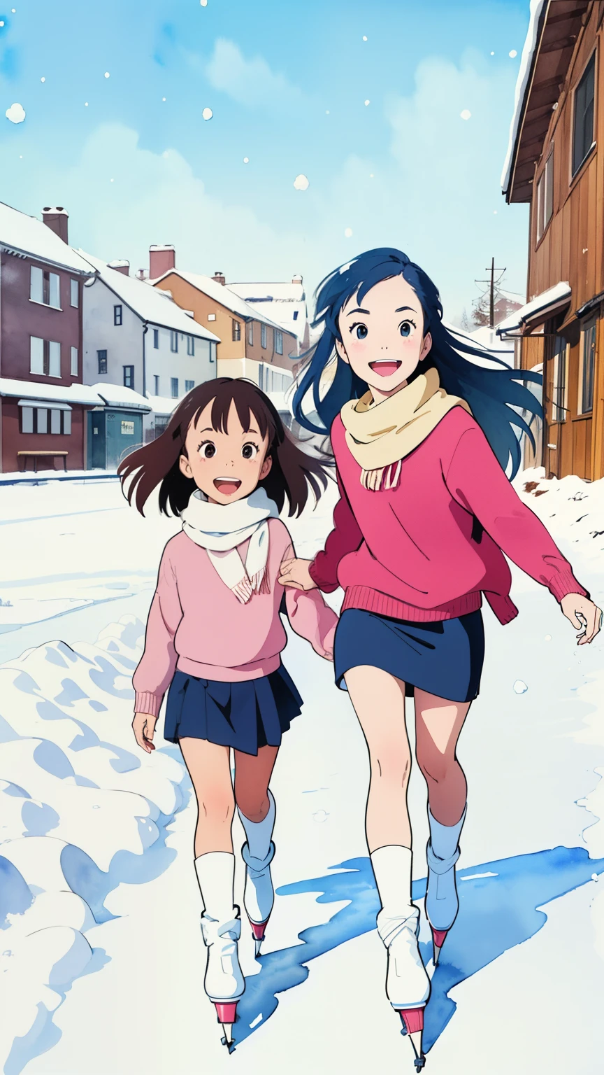 (Superflat, Flat Shading, Flat Color), (close), Two young ***********s, sweater, Warm scarf，(White panties), Without skirt, Long Hair, ice skating, smile, smile, fun, play, winter, snow, bright, Wide angle, Vibrant colors, watercolor, Ghibli Style