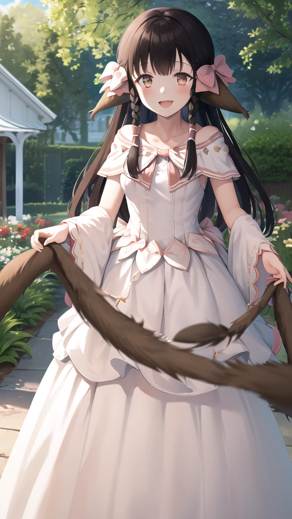 masterpiece, best quality, highres, aarurutie,1girl, long hair, twin braids, hair bow, animal ears, tail, wedding dress, white dress, standing, garden, smile, open mouth,