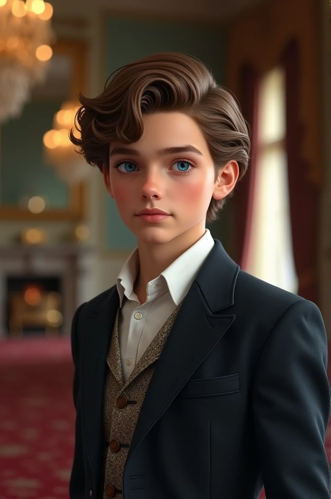 a beautiful boy, 9 years, very fine European features, Brown hair, blue eyes, very formal London clothes, sad look, peaceful look.