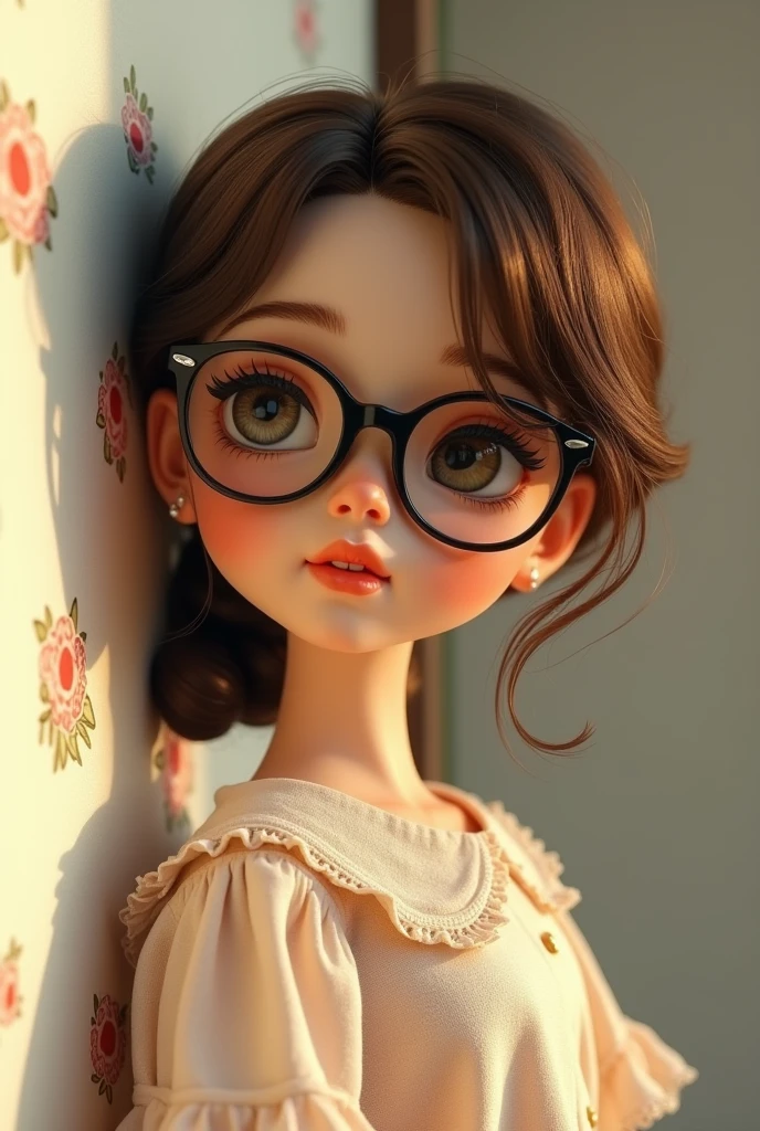 Make a brown haired child with bangs, brown eyes round glasses and a beauty mark above the mouth A barbie