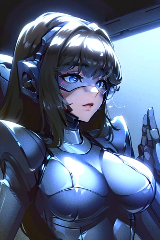 (masterpiece),(Highest quality),(Super detailed),(Best illustrations),(Best Shadow),(Absurd),(Detailed Background),(so beautiful), 16K, 8K, 4K,(Best Shadow),empty eyes,robotization,woman ,big bust,Robot Joint ,Metal skin,Black Suit,long hair,a black suit that covers the whole body,robot hand,cyber bodysuit,mecha head,cyborg eye,Countless cords connected to the whole body,maintenance,robotization, transforming into robot,(Detailed hands and fingers:1.2),Ball joint robot body,doll joint