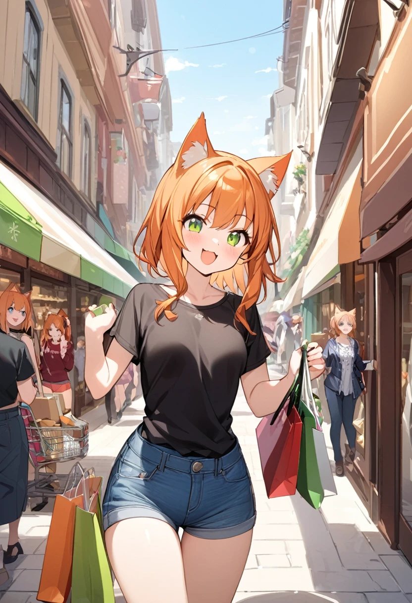 Young girl、Very cute、small、Firm breasts、Denim hot pants、Orange Hair、High quality backgrounds、、shopping、Cheerful attitude、Cat ears、Cat&#39;s tail