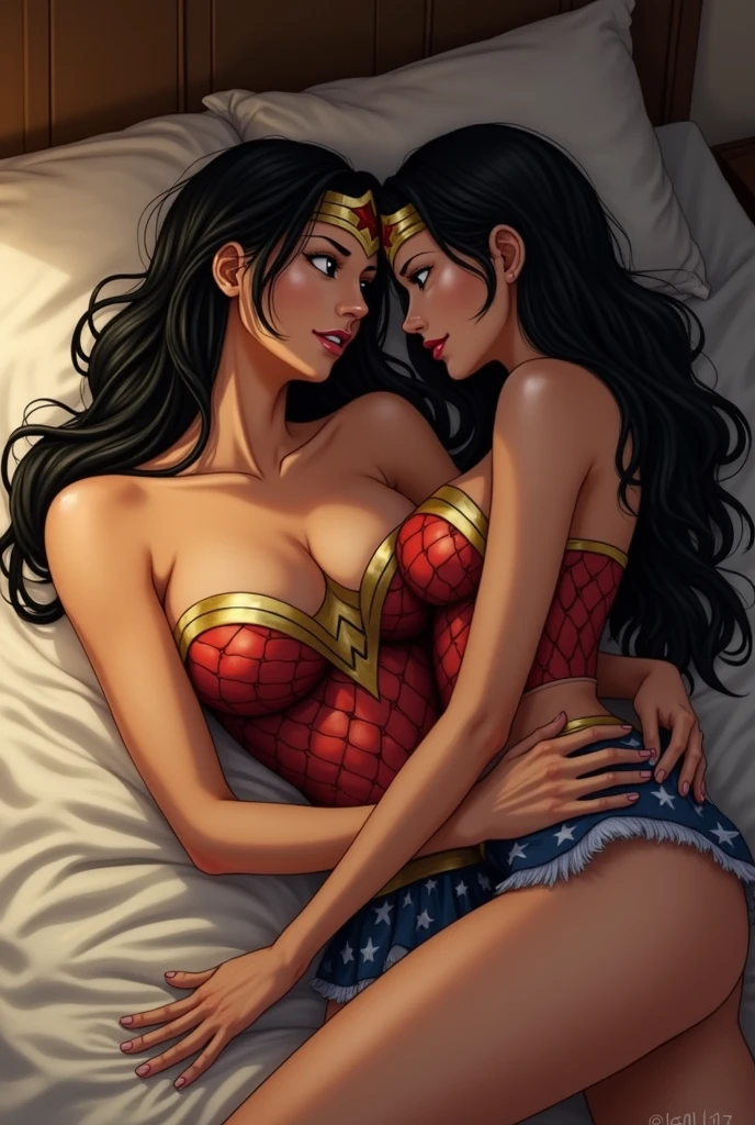 Wonder Woman kissing Bayonetta 2 on a bed