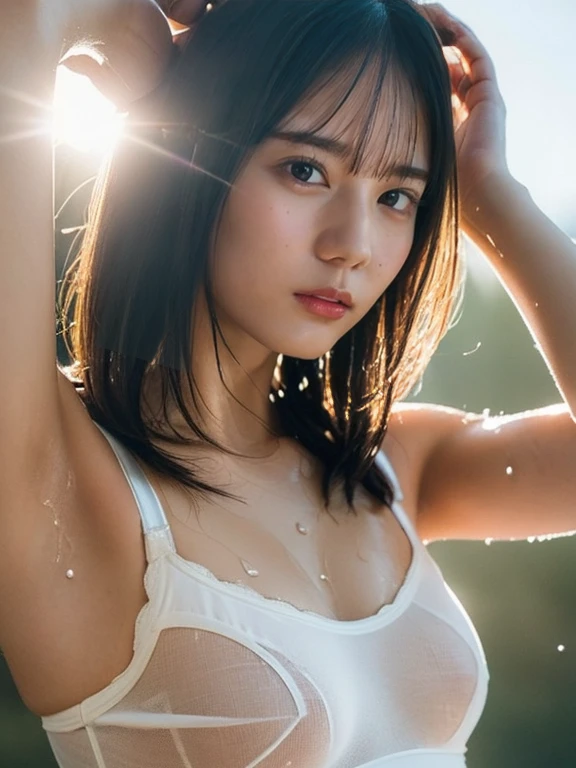 (highest quality,masterpiece:1.3,ultra high resolution),(Super detailed,caustics,8k),(photorealistic:1.4,RAW shooting),1girl,(look down at the camera),(front shot:1.1),(face forward),1,cute,Japanese,(She is pulling her wet bra over her head, )),(small breasts:1.4),(close up),(breast focus),street,sunshine,Natural light,(Backlight),(A bright light shines from behind),(Lens flare),professional writing,(cowboy shot),(low position:1.3),sad