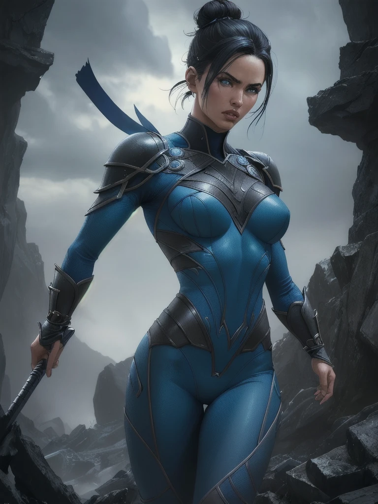 Kitana from mortal kombat 11, a beautiful detailed woman with deep blue eyes, short black hair, hair bun, full lips, and flawless skin, wearing a tight blue and black ninja outfit, blue bodysuit, standing in a dark and gloomy environment, holding a sharp steel fan, (best quality,4k,8k,highres,masterpiece:1.2),ultra-detailed,(realistic,photorealistic,photo-realistic:1.37),concept art, epic fantasy, dramatic lighting, moody colors, intricate details