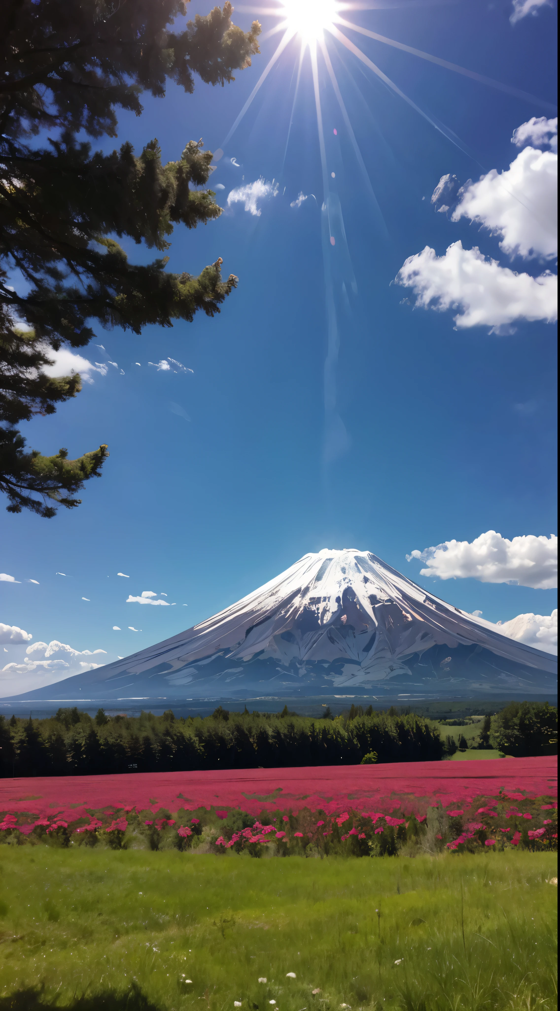 With high definition images，Blue sky, white clouds, sunny grassland 、A vivid view of Mt. Fuji。 