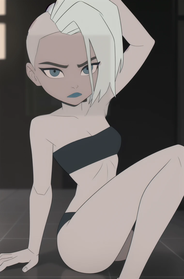(dark theme:0.6), Glucose, 1 woman, mature and rough face, wrinkles on the face, cheekbones на лице, cheekbones, SEXY FACE, short white hair, sexuality, in a black strapless bra, in a black bikini, Bare ass, Feet together, female genitalia, stands on all fours, strip club, in a strip club, disco, SEXY FACE, figure top-models, Long legs, spread legs,high growth, Height 1,75 м short white hair, haircut-barbershop, Straight hair, pomade, decrease,  I look at the viewer, grey eyes, sharp image, Crop top, (HDR:1.22), Clear drawing, muted colors, complex background, hyper-detailed, Art [[Jordan Grimmer]], Close-up