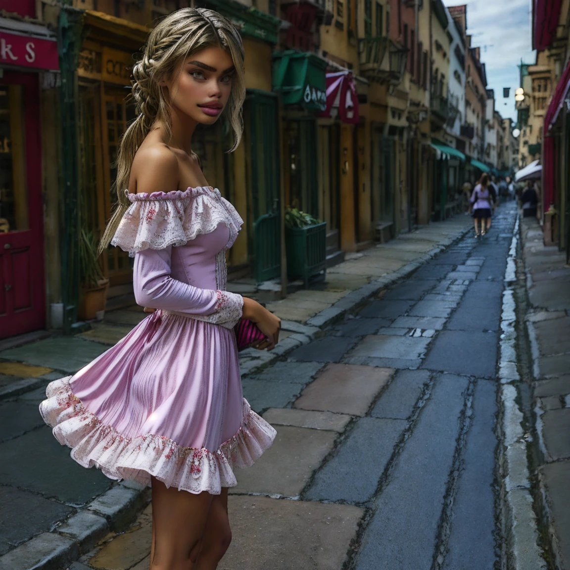 slmn, sara sampaio,1girl, skinny,  petite, (blonde_hair), masterpiece,best quality,highres,ultra-detailed,aadarjeeling,braid,bangs,medieval,long sleeves, off shoulder, rapunzel dress is a pink-colored gown with puffed sleeves and a corset-style bodice. The bodice is typically decorated with intricate lace or floral embroidery. The skirt flows out from the waist, made of layers of soft, pastel-colored fabric, such as chiffon or tulle.old village,standing,:smile, from side