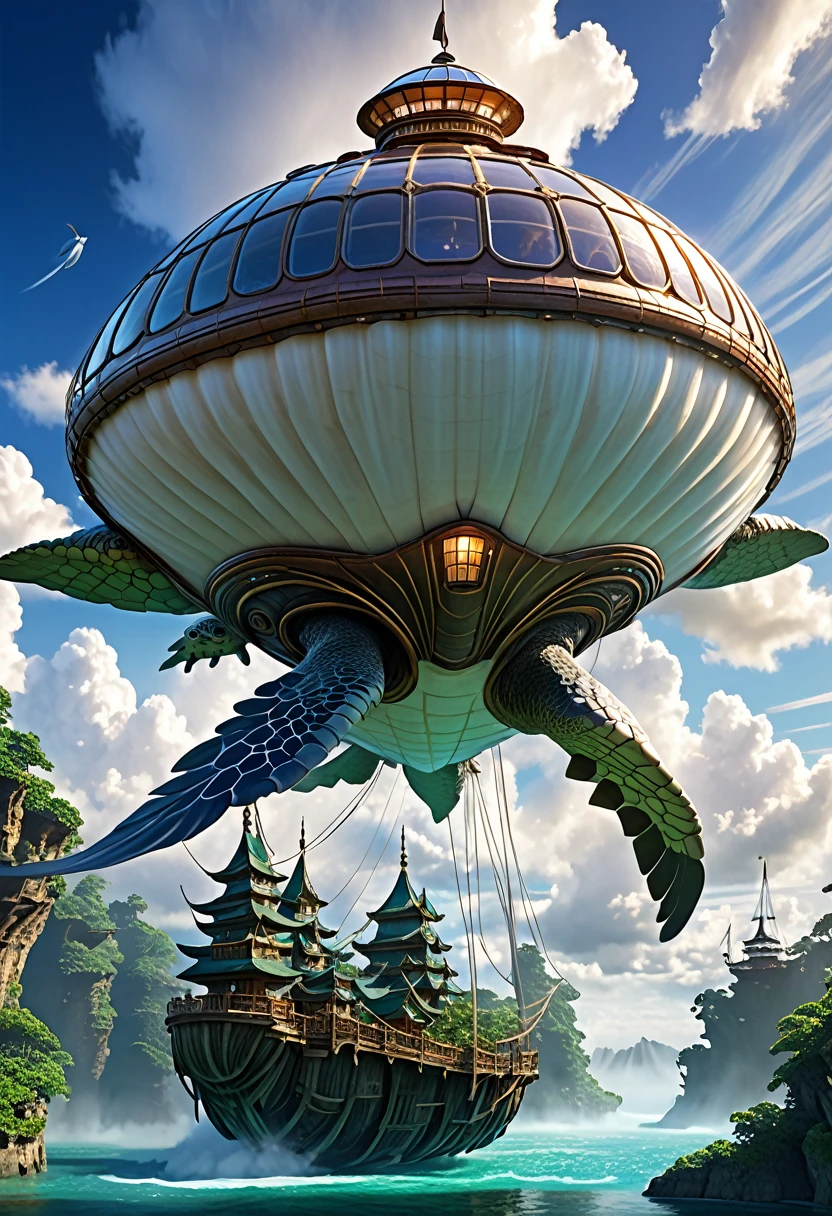 

An enormous, fantastical creature that resembles a giant sea turtle, but on a massive scale, serving as a living airship. Its body is covered in soft, white feathers, and its head is adorned with elegant feather ridges that sweep backward. The creature has six long flippers that are a blend of wings and aquatic fins, creating a graceful, otherworldly appearance as it glides through the sky. Its large shell is sculpted with deep ridges and caverns, offering both protection and structure. Atop the shell, intricate treehouse-like structures are nestled within the ridges, each with aerodynamic, flowing roofs designed to handle the air currents. The scene evokes a sense of adventure and fantasy, with small, wind-swept communities living aboard this majestic creature as it soars through a magical sky filled with stars, clouds, and distant floating islands.