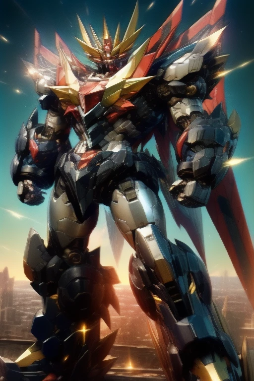 (masterpiece, Best Quality), High resolution, (8k resolution), (Super detailed),  Mazinger Z robot、Destroying the city of Burgos。　superrobot 　 Fully enclosed shoulder guards, Matching arm and leg guards, whole body, Full Armor, Super Robot, Robust and agile design, (The color scheme is mainly black and silver.、With red and blue accents。, the concept Inspired by Super Robot, Lion concept chest armor, stop temporarily, Standing, Floating above a futuristic sci-fi city), Exquisite and mature art style, (Aura effect, Energy, Glowing Eyes, Armor Shines), ((ＳＲＳ)), metallic, dramatic, High resolution, Best Quality, High resolution, Very detailed, Ultra-fine painting, Very delicate, professional, 完璧なボディprofessionalポーション, Anatomically correct, Symmetrical face, Very detailed目と顔, High quality eyes, creativity, RAW Photos, 超High resolution, 32K, Natural Light, Cinema Lighting, masterpiece-anatomy-perfect,　Glowing Eyes　Draw the eyes clearly