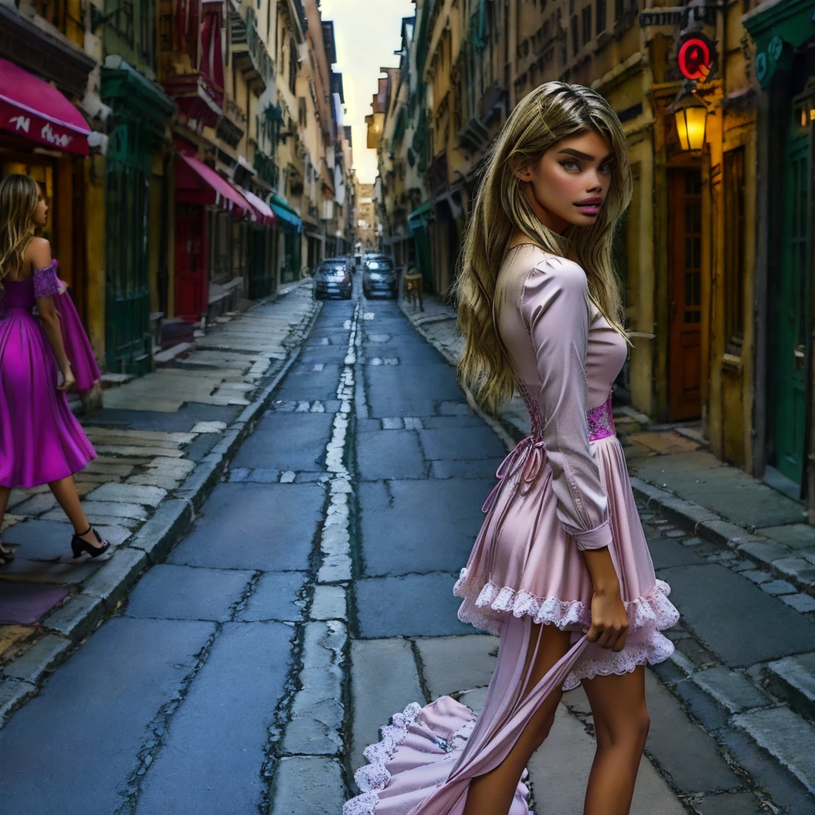 slmn, sara sampaio,1girl, skinny,  petite, (blonde_hair), masterpiece,best quality,highres,ultra-detailed,aadarjeeling,braid,bangs,medieval,long sleeves, rapunzel dress is a pink-colored gown with puffed sleeves and a corset-style bodice. The bodice is typically decorated with intricate lace or floral embroidery. The skirt flows out from the waist, made of layers of soft, pastel-colored fabric, such as chiffon or tulle.old village,standing,:smile, from side