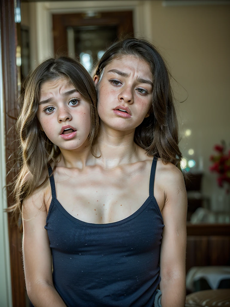 2heads, two headed girl, (one head young child:1.5), (one head adult:1.5) (uncomfortable and annoyed:1.2)
