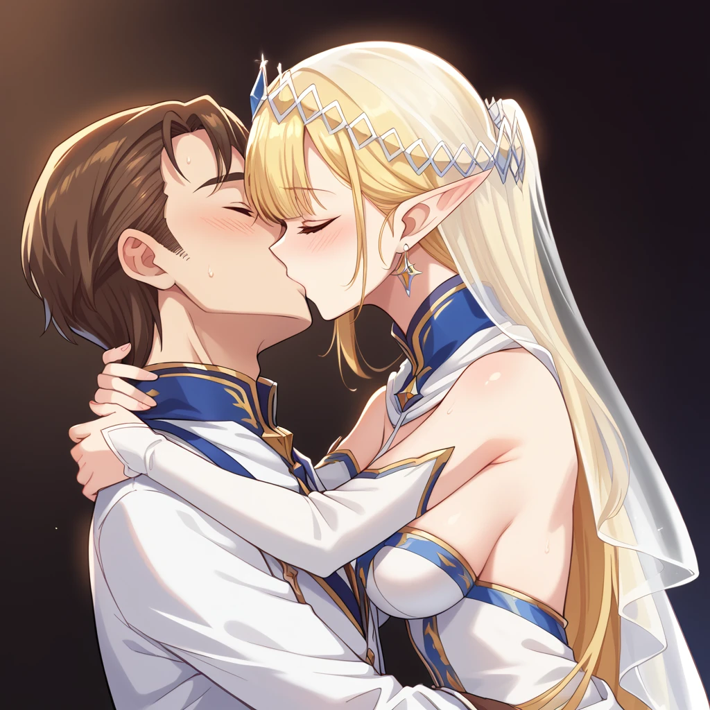 ((Best Quality)), ((masterpiece)), (detailed), （Perfect Face）、The woman was Seras Ashlain, a blonde elf wearing a gorgeous, glittering wedding dress.、A woman is getting married to a dignified old man, the king, in a luxurious wedding hall in a kingdom, embracing and kissing each other in a wedding ceremony.