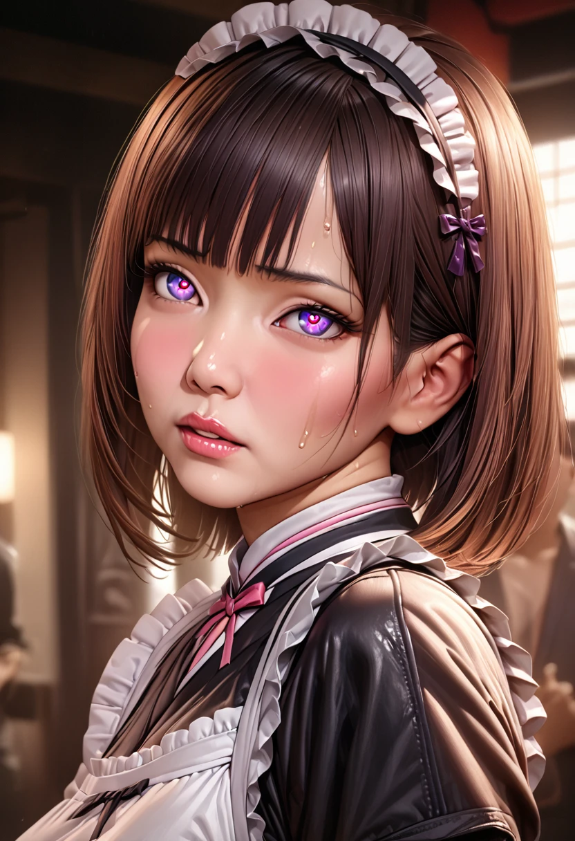 A maid with a cute bob haircut, long bangs, detailed sweaty body, moaning, two men touching her sensitive areas, japanese-style, high quality, detailed, realistic, 8k, hyperrealistic, photorealistic, masterpiece, extremely detailed, vivid colors, studio lighting, physically-based rendering, beautiful detailed eyes, beautiful detailed lips, extremely detailed face, long eyelashes, elegant pose, sensual, erotic, intimate, adult content