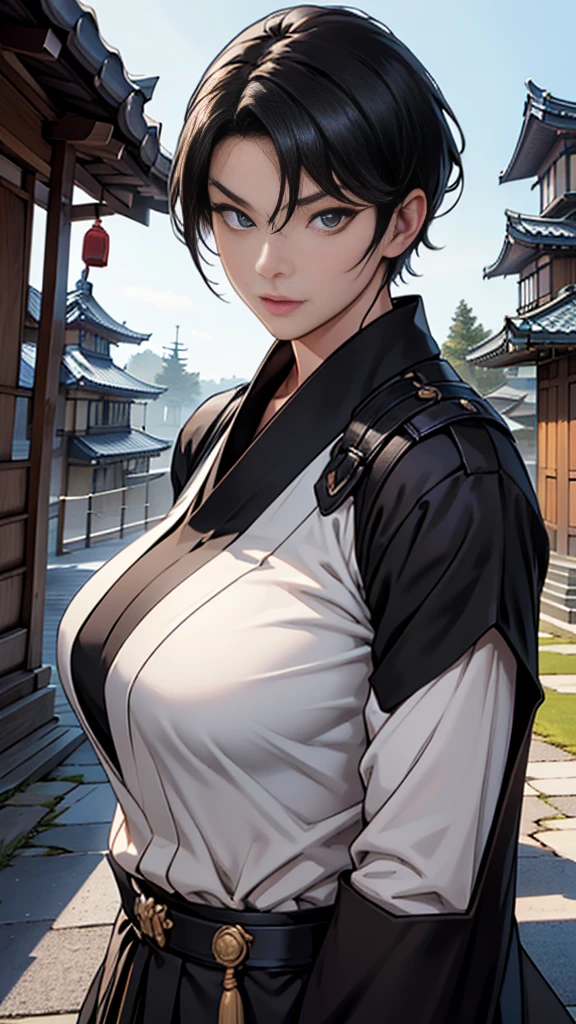 High image quality、High resolution、masterpiece、Wide-angle shot、On the roof of a Japanese castleで日本刀を脇に携えている忍者の女性、Age 35、Adult mature woman、midnight、On the roof of a Japanese castle、full moon、All-black combat uniform、Center parted short hair、god々Shii、Large Breasts、Perfect Style、Cool look、Hanging eyes、The corners of the eyes are turned up、Pull composition、Long face、Reflected Light, Widescreen, 