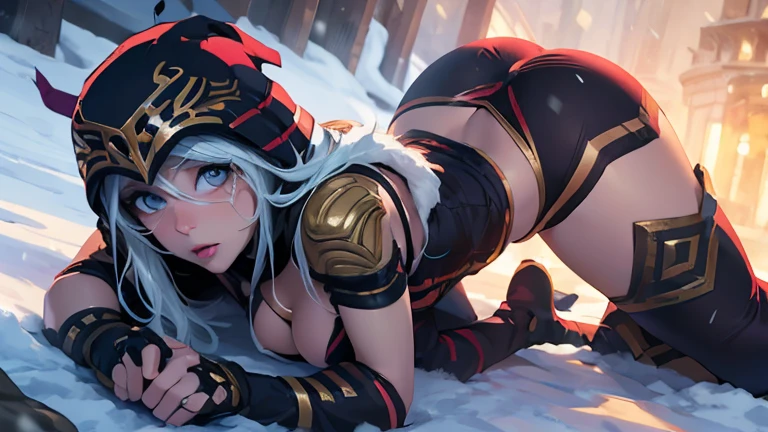 league of legends Ashe, clear eyes, clear breast,clear face,half naked,nude warrior, showing her cameltoe, lay down,wearing tights, half naked,her nipples shwon, asimated face looking,camel toe, very detailed face and pretty face,heroine, breast, getting touced by enemy, lies down, legs open pose, (masterpiece, best quality), beautiful girl, badly defeated by opponents, embarrassed emotion, snow storm, legs wide open,abstract background, bright colors,  breasts, (solo), sexy face