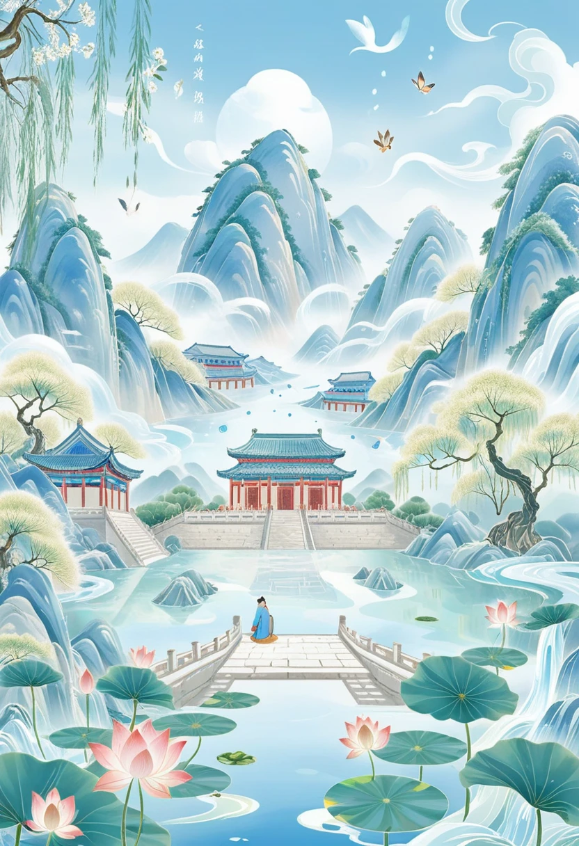 Symmetrical composition，In the front is a little student studying，The little scholar is at the front of the screen and is relatively large.。Confucius is behind，Mount Tai，Lotus，willow，Ancient buildings。Interspersed with spring water。The overall color is blue。