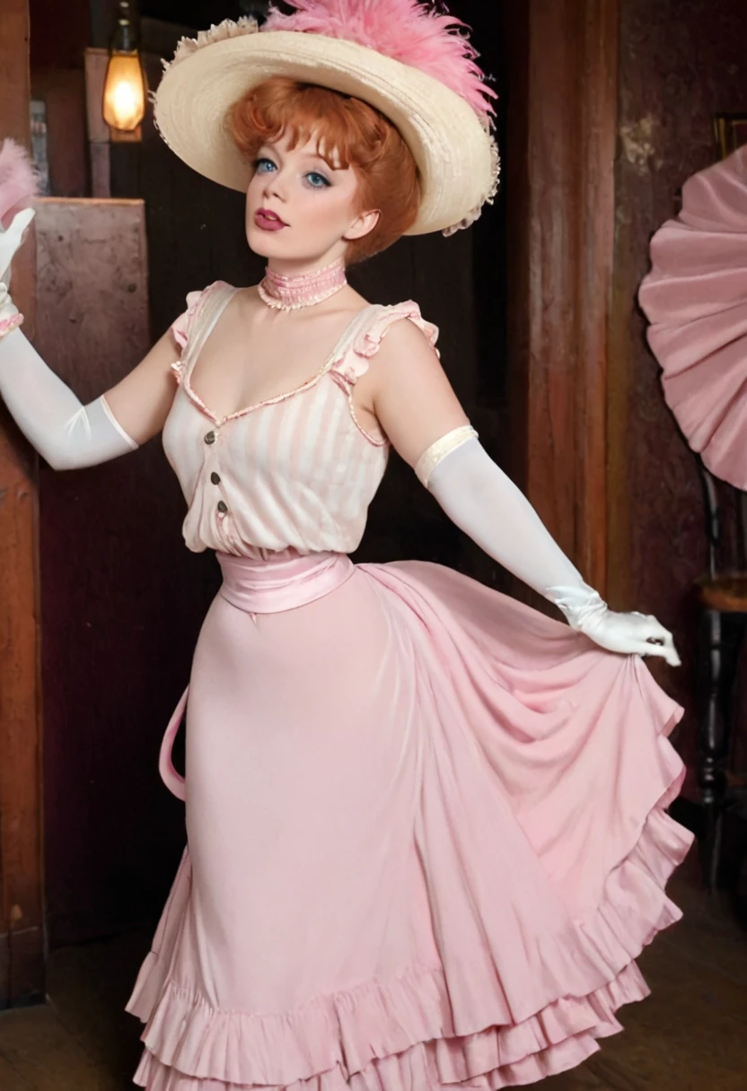 (((NSFW))) A sexy 12yo voluptuous ginger Gibson Girl seducing a horny 69yo gentleman inside a pub. Victorian London. Year 1900. 1900_dr3ss. (((Frilly sleeveless top, sash cinched around her waist))), wide-brimmed picture hat with pink feathers, bare shoulders with (((long pink opera gloves))),  (((mid-length skirt:1.5, pink petticoats, mauve silk stockings))), (((pink high-button boots:1.5))), choker necklace. Gorgeous youthful face, big blue eyes, pouty red lips. (((Massive ass:1.5)))