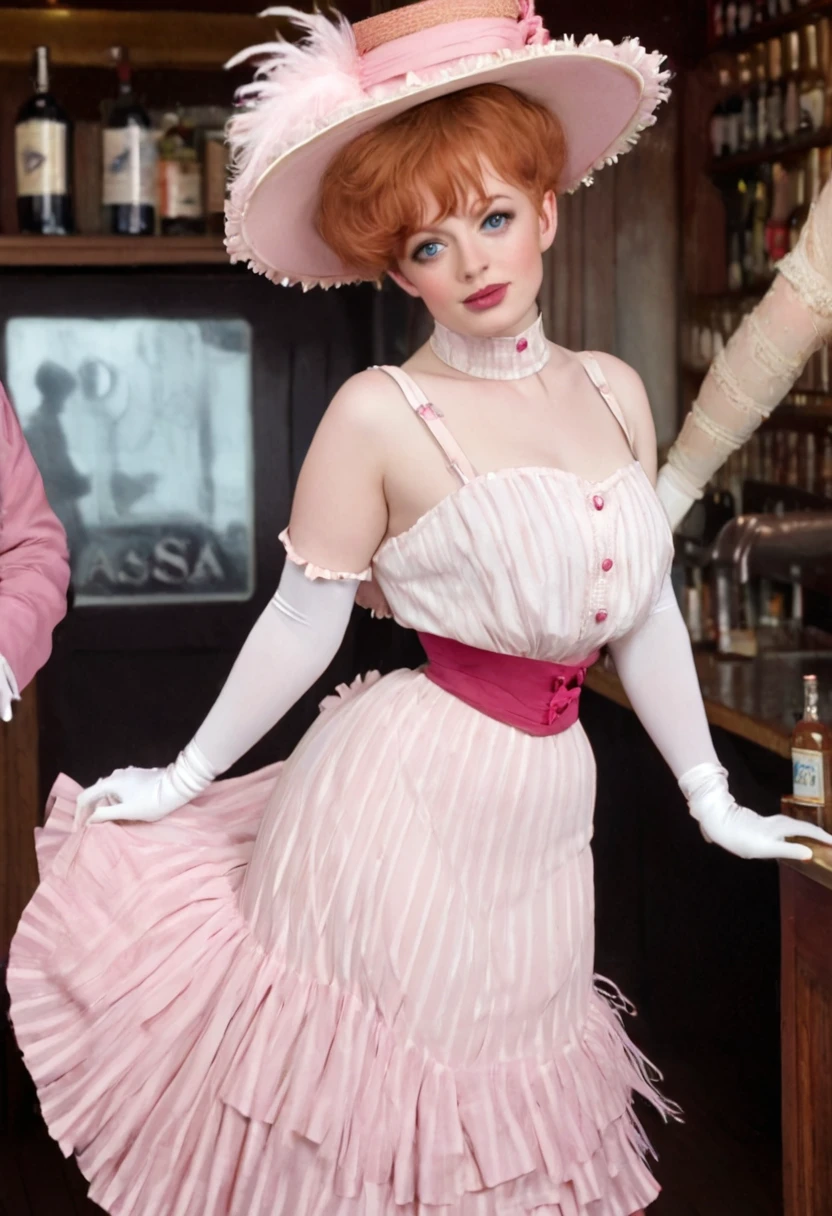 (((NSFW))) A sexy **** voluptuous ginger Gibson Girl seducing a horny 69yo gentleman inside a pub. Victorian London. Year 1900. 1900_dr3ss. (((Frilly sleeveless top, sash cinched around her waist))), wide-brimmed picture hat with pink feathers, bare shoulders with (((long pink opera gloves))),  (((mid-length skirt:1.5, pink petticoats, mauve silk stockings))), (((pink high-button boots:1.5))), choker necklace. Gorgeous youthful face, big blue eyes, pouty red lips. (((Massive ass:1.5)))