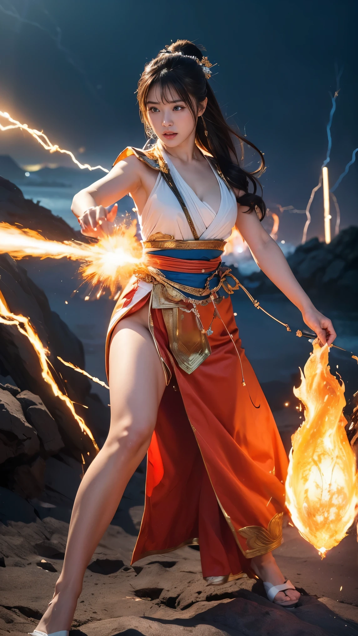 ((Best Quality、8k、masterpiece:1.3))、Realistic, Sharp focus, High resolution, High resolution,  Alone, Full body photo、Japanese, Beautiful woman,Goddess Dress、Unleashing Power、Explosive Energy、thunder、Kamehameha、inflammation、kienzan,makankosappo,