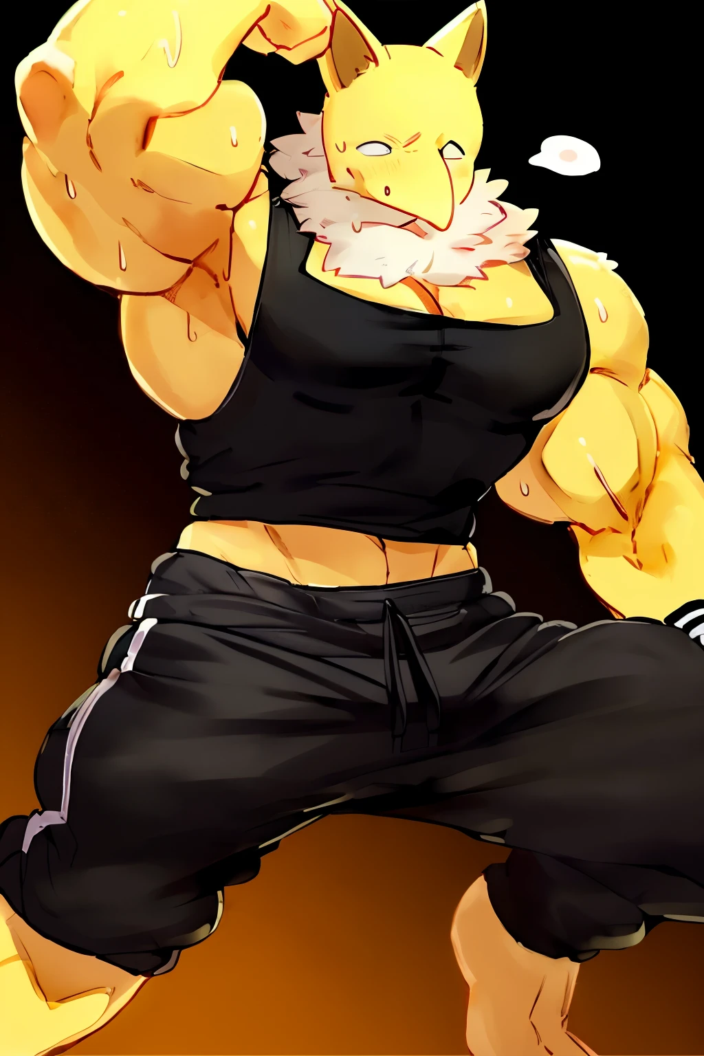 Furry, Anthro, solo, Hypno, Male, (((muscular body, massive male pectorals, yellow skin, wearing white fluffy fur around neck))), ((((massive biceps, worried, wide-eyed, head tilted, sweating, glossy, flexing arms up, standing on one leg)))), ((((((massive bulky torso, facing viewer, wearing black tanktop, black wristbands, wearing black sweatpants)))))), upper body, black/yellow spraypainted background, by buta99, by zackary911, by bebebebebe, (((digital painting)))