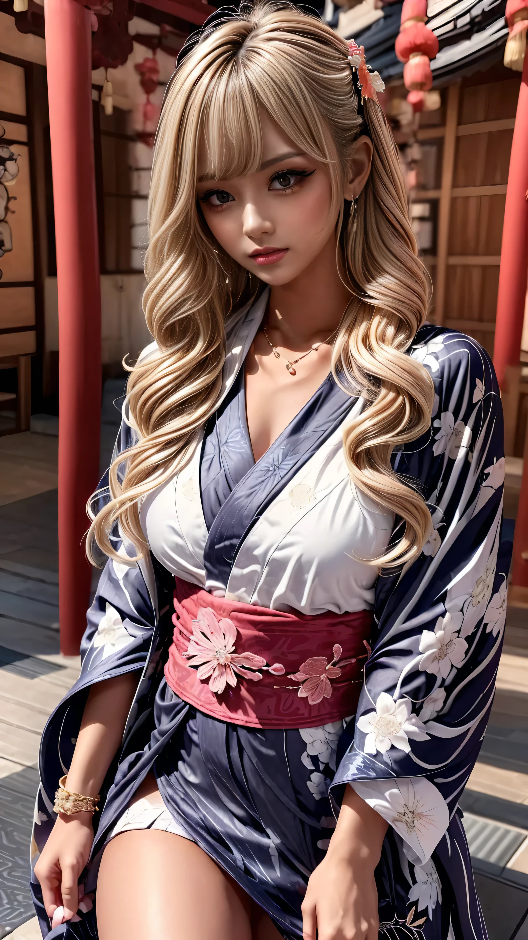 (Dark Skin:1.8)、Beauty、Photorealistic perfect body、Slim figure、Best image quality、Realistic Ultra HD、(Japanese women:1.4)、(pretty girl:1.4)、(Cleavage:1.5)、(((Patterned micro mini kimono:1.8、Patterned micro mini yukata:1.8)),The yukata is transparent,、Narrow waist、(blonde:1.5)、(Wavy Hair:1.5)、(Curly Hair:1.5)、(Sleek bangs)、(Blurred Background)、(smile:1.4)、(Gal-style thick eyeliner:1.1)、(length eyelashes:1.2)、(False eyelashes:1.5)、Gal-style makeup、Gal-style earrings、Gal style bracelet、(Gal-style triple necklace:1.2)、length, Thin legs:1.8,Calves are thin and long:1.8,Thick thighs,Tall:1.8,Small waist:1.3,Big Eyes:1.5,Small Face:1.6,smile:1.8,Orange Yukata:1.5,