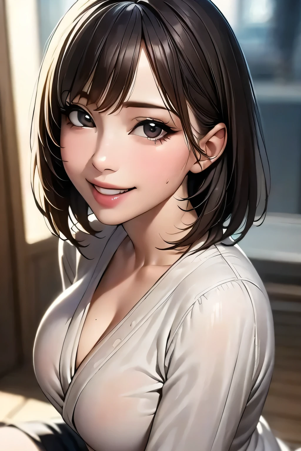 (8k,masterpiece, RAW Photos,Best Quality:1.4),(Realistic:1.2),(extremely Detailed face),(Shiny skin),(Detailed skin),(Detailed face),(Very beautiful face),One Girl,Show Viewer,Japanese Idols(actress), Brown Hair,Medium Hair,Straight Hair,smile,Attractive,Big Boobs, (A casual shirt and a tight mini skirt), City streets, (Accentuate your cleavage),High Position,Professional Lighting